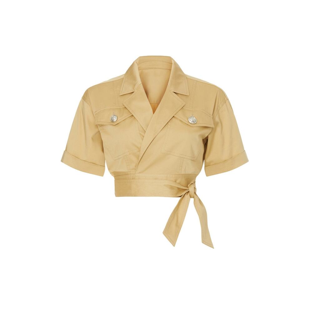Derek‎ Lam Crop Top Size 12 Wrap Tan Safari Chic Minimalist Resort Quiet Luxury